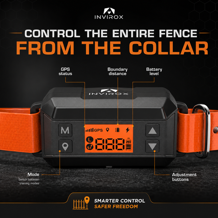 INVIROX GPS wireless fence collar display with GPS status, boundary distance in yards and battery level