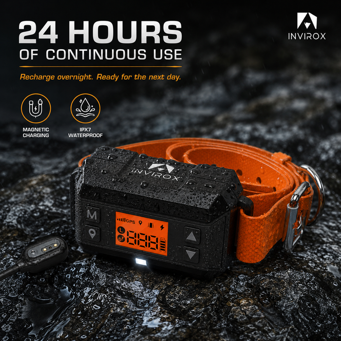 INVIROX GPS dog fence collar: 24-hour battery, magnetic charging, IPX7 waterproof