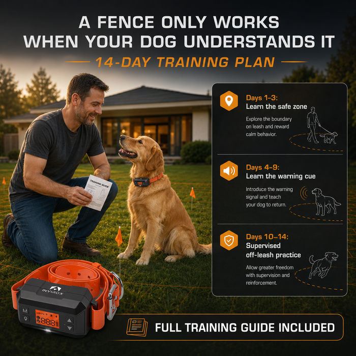 INVIROX GPS dog fence 14-day training plan: learn the safe zone, learn the warning cue, then supervised off-leash practice