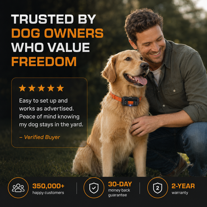 INVIROX GPS dog fence: 5-star verified buyer review, 350,000+ happy customers, 30-day money back, 2-year warranty