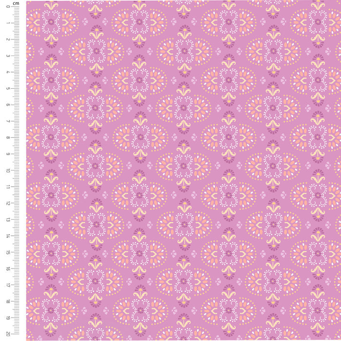 Patterned fabric with geometric design on a purple background, measured by a ruler.