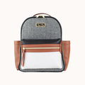 Compact diaper bag in coffee and cream colors with tweed fabric design