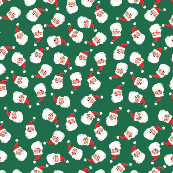 Pattern of Santa Claus faces on a green background