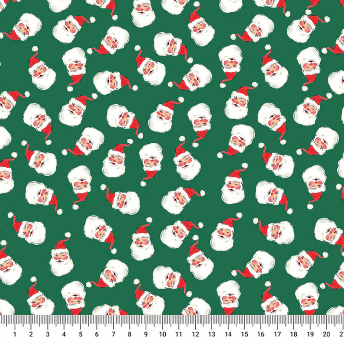 A repeating pattern of Santa Claus faces on a dark green background, with a white ruler along the bottom edge showing measurements.