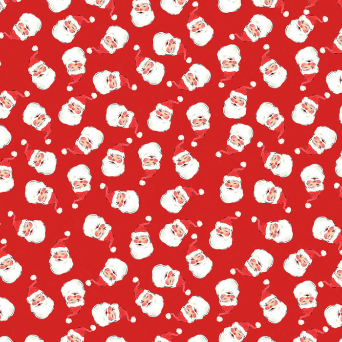 A repeating Christmas pattern featuring white Santa Claus faces with red hats and beards on a bright red background.