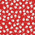 A repeating Christmas pattern featuring white Santa Claus faces with red hats and beards on a bright red background.