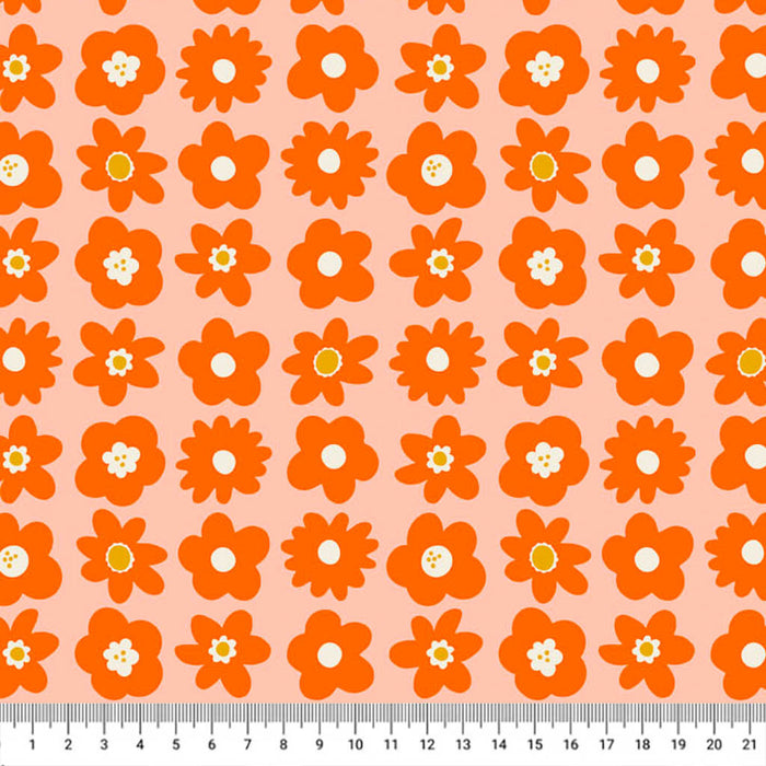 Retro floral orange design printed on a cotton quilting fabric