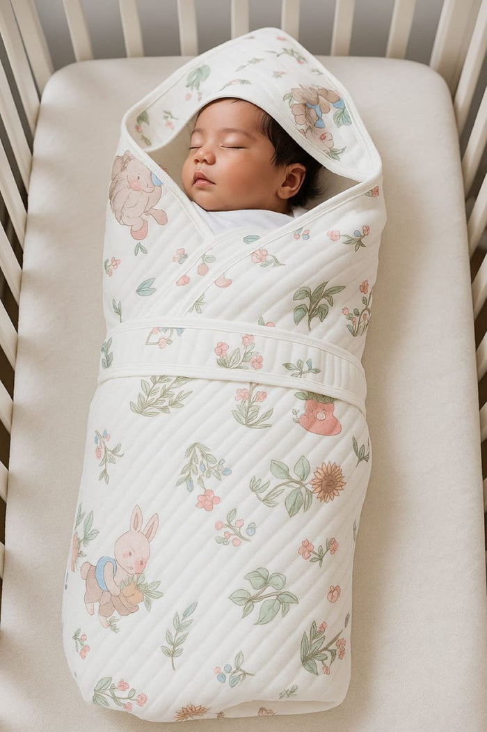 Kinder Valley Enchanted Meadow Quilted Receiving Swaddle With Hood + Blanket Set