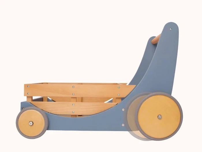 Side view of the Kinderfeets Cargo Walker with wooden wheels