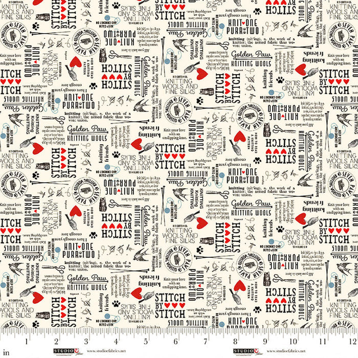 Textured fabric with printed patterns and text on a white background