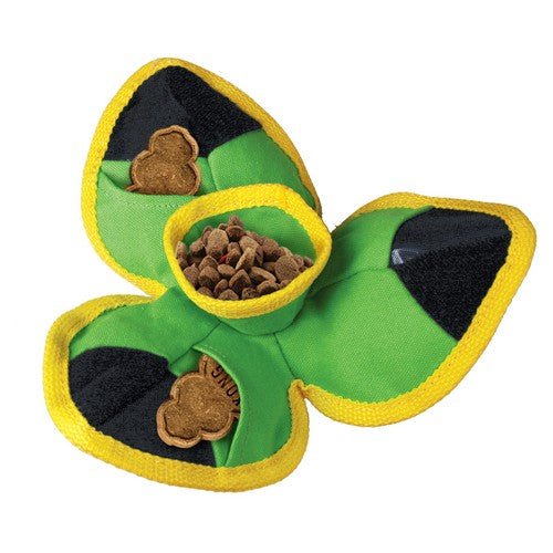 Stock image of the KONG Ballistic Hide 'n Treat, a green toy, against a white background.
