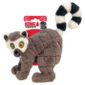 Stock image of plush lemur toy by KONG, against a white background, with red and white packaging.