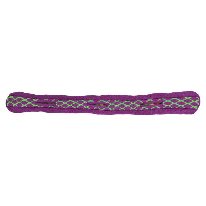 Stock image of the KONG Sport Sneakerz Tug, a purple and green material toy, against a white background.