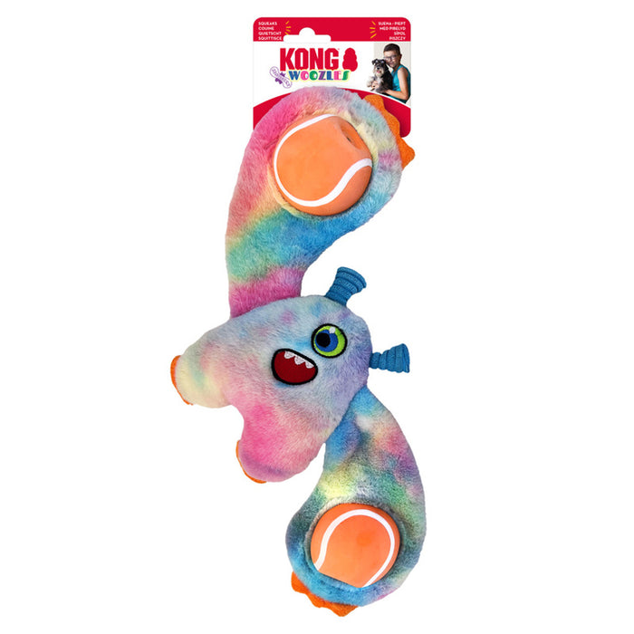 Stock image of the KONG Woozles Monster, with tennis ball arms and pastel galaxy colours.