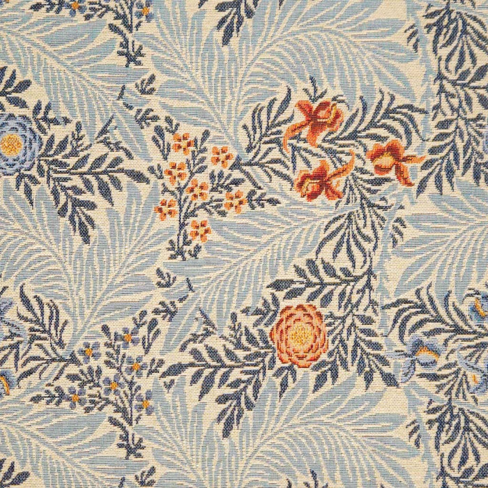 Floral patterned fabric with blue, orange, and beige colors on a textured background