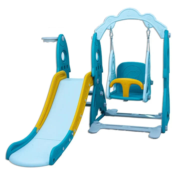 Little Toddlers 3 in 1 Playground (Slide, Adjustable Height Swing Set, Basketball Hoop, Green/Orange)140x 110x 130 cm