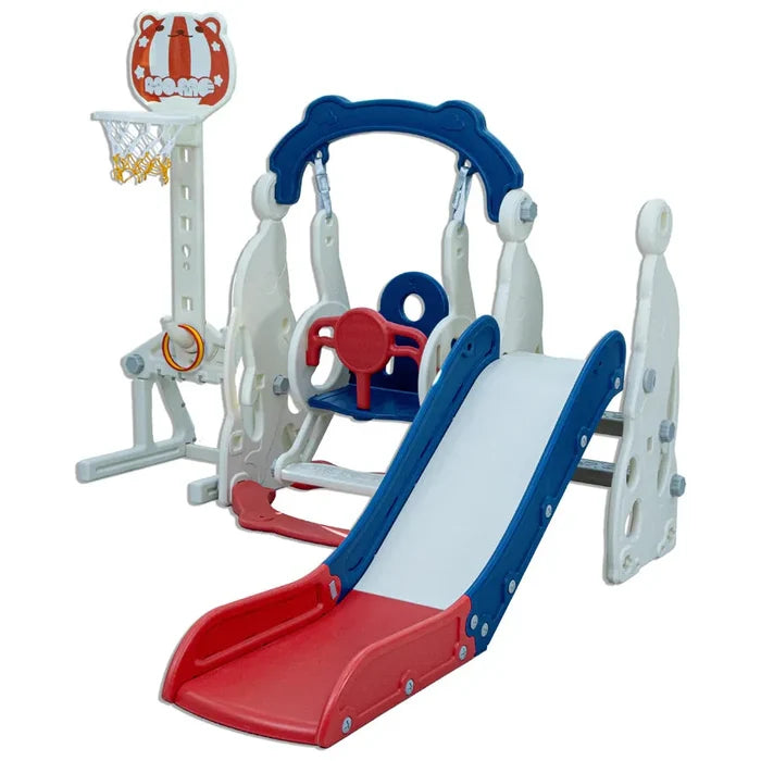 Little Toddlers 4 In 1 Playground With Slide Height Adjust Swing Set Soccer Post Basketball Hoop (Blue/Red) 160*155*130 cm