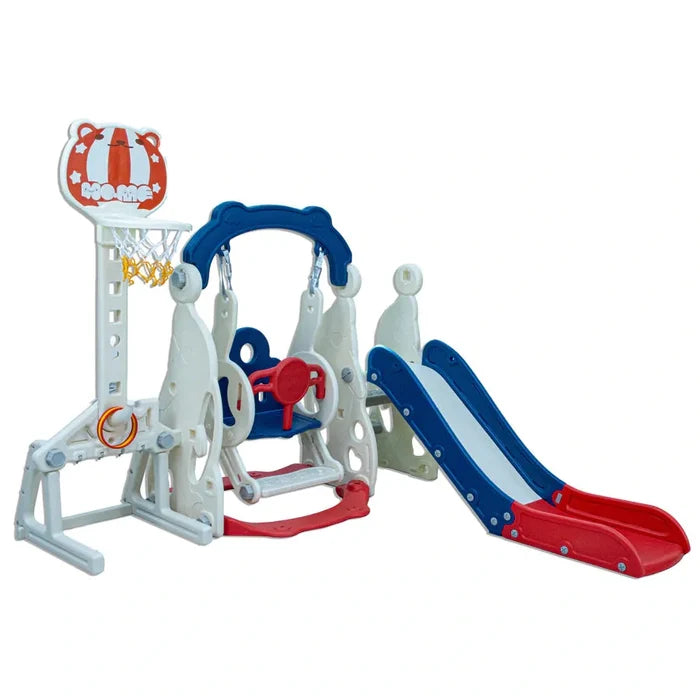 Little Toddlers 4 In 1 Playground With Slide Height Adjust Swing Set Soccer Post Basketball Hoop (Blue/Red) 160*155*130 cm