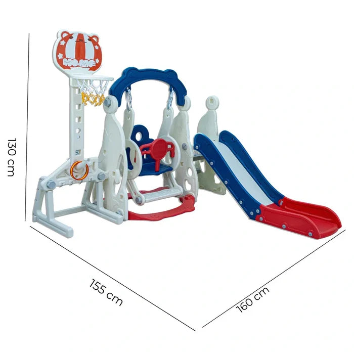 Little Toddlers 4 In 1 Playground With Slide Height Adjust Swing Set Soccer Post Basketball Hoop (Blue/Red) 160*155*130 cm