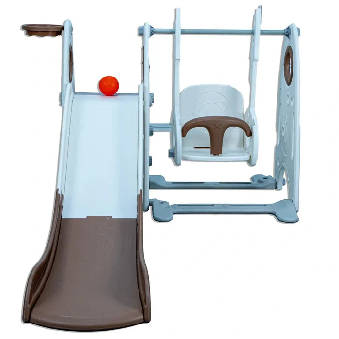 Little Toddlers Playground With Slide Height Adjust Swing Basketball Hoop (Coffee-White) 115 × 170 × 90 cm
