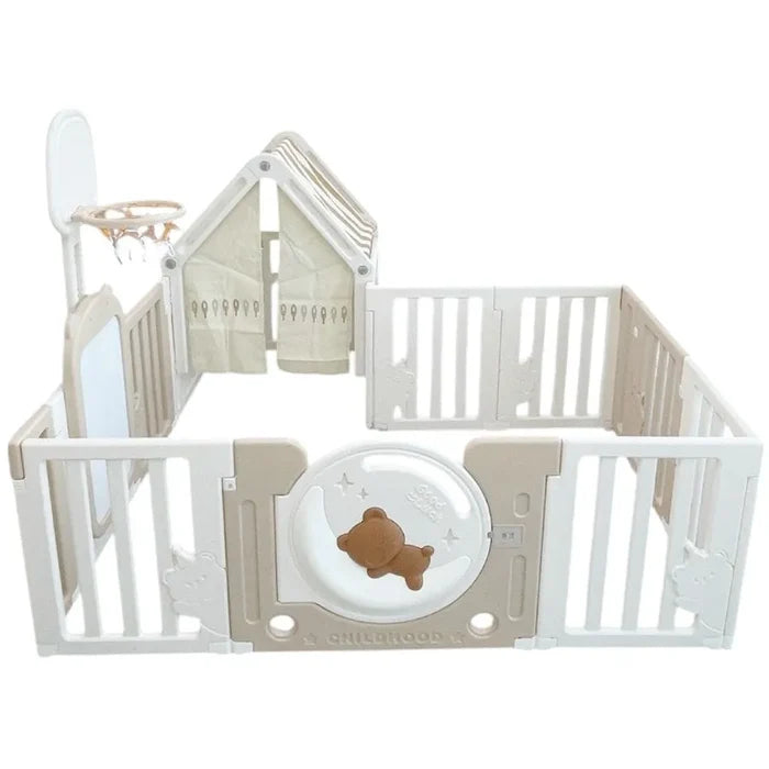 Little Toddlers Playpen & Playhouse - No Mat ( Inclusions: Drawing Board, Basketball Hoop, Small House, Moon Light)120x180x64cm