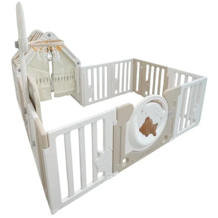Little Toddlers Playpen & Playhouse - No Mat ( Inclusions: Drawing Board, Basketball Hoop, Small House, Moon Light)120x180x64cm