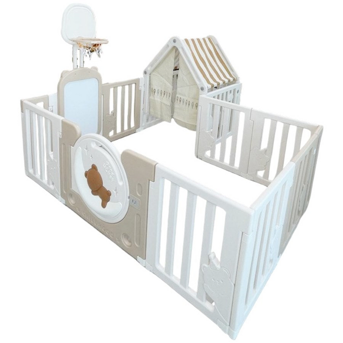 Little Toddlers Playpen & Playhouse - No Mat ( Inclusions: Drawing Board, Basketball Hoop, Small House, Moon Light)120x180x64cm