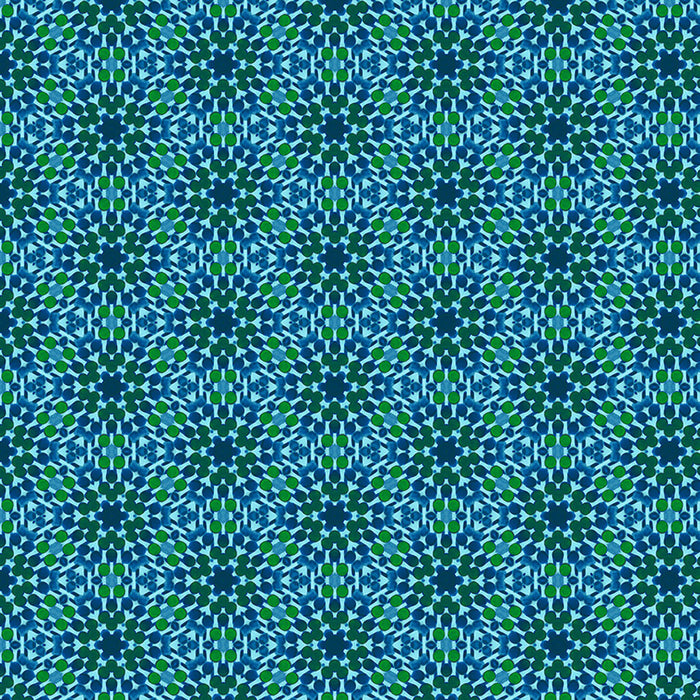 Patterned fabric with blue and green geometric design