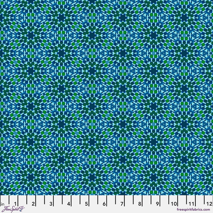 Geometric pattern fabric swatch with blue and green colors