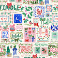 Colorful Christmas-themed pattern with various festive elements on a white background.