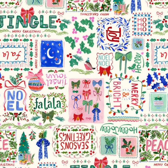 Colorful Christmas-themed pattern with various festive elements on a white background.