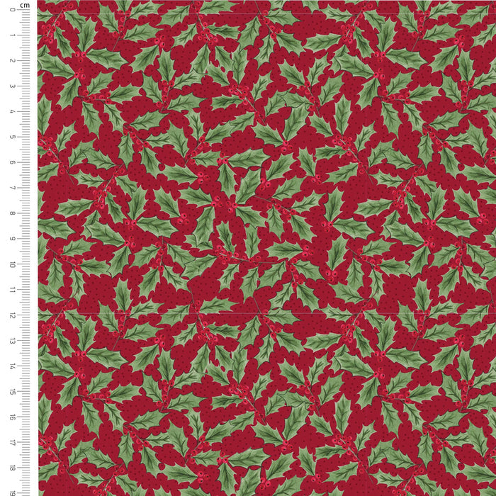Red and green holly patterned fabric with a ruler scale on the left side showing centimeter measurements.