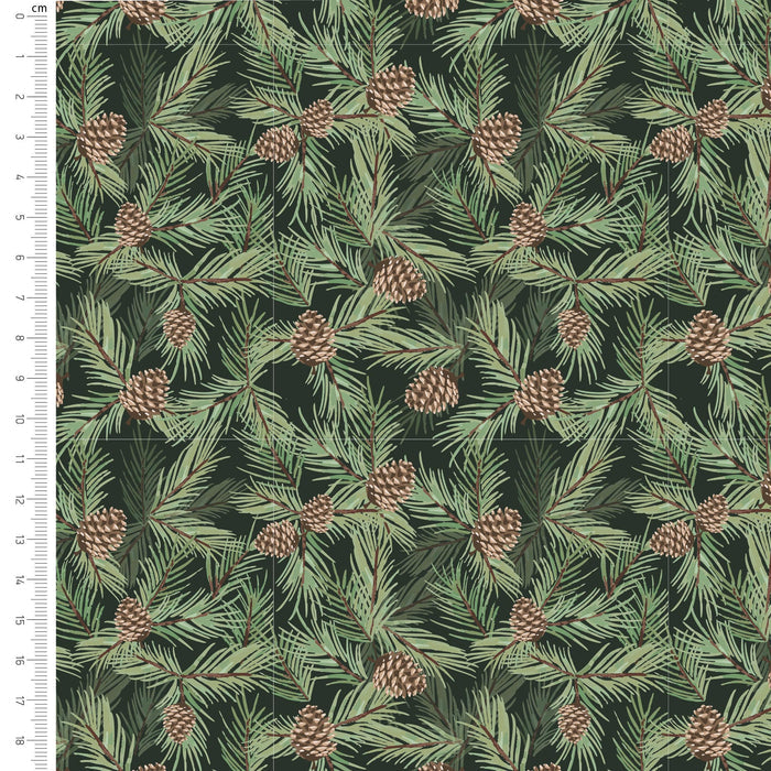 A close-up of a repeating pine branch pattern with green needles and brown pinecones on a dark background, with a cm ruler visible along the left edge.