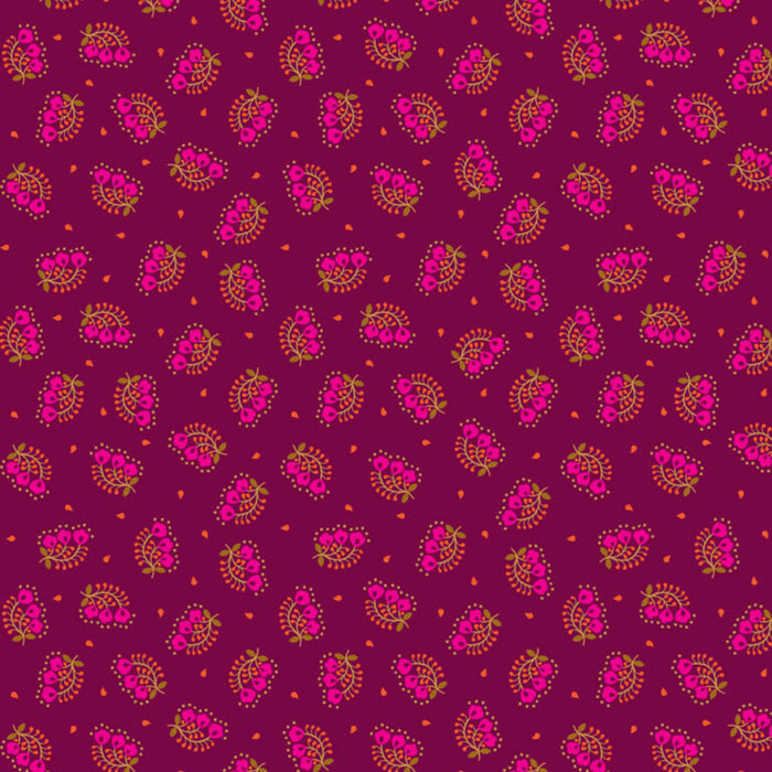 Patterned cotton quilting fabric with pink and gold design on a purple background
