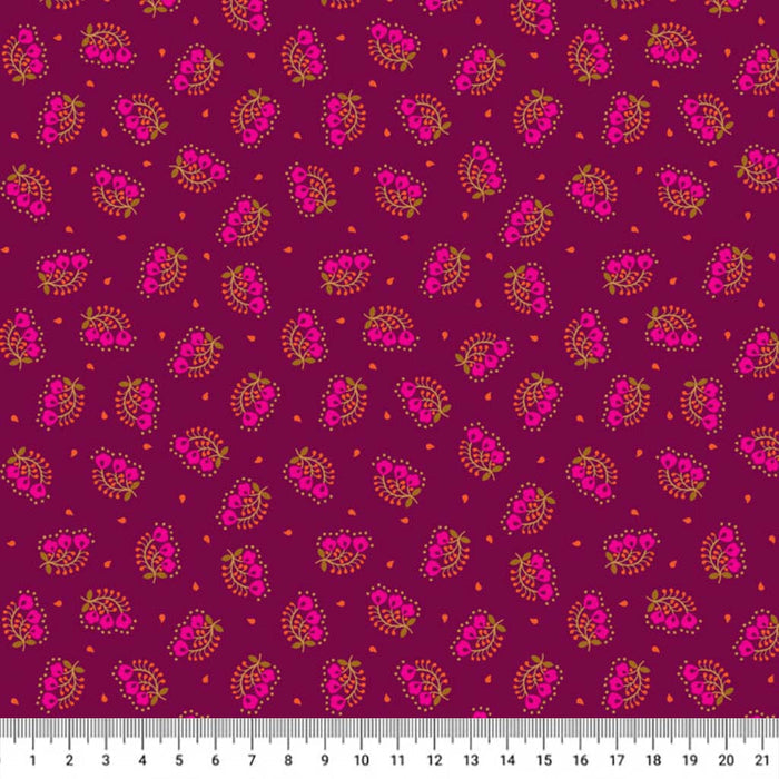 Patterned cotton quilting fabric with pink and yellow design on a purple background with a cm ruler