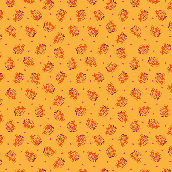 Patterned cotton quilting fabric with floral design on a yellow background