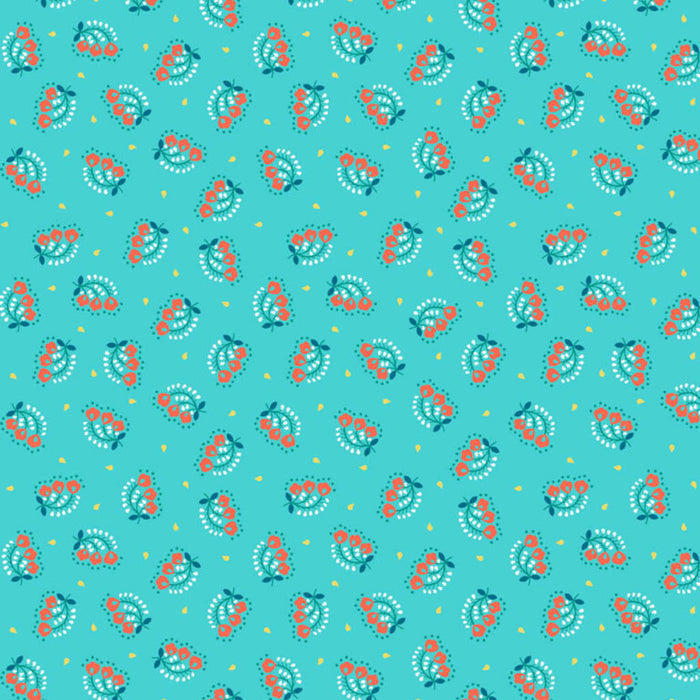 Ditsy orange flowers printed on a turquoise cotton quilting fabric