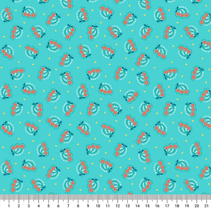 Patterned cotton quilting fabric with ditsy flowers on a turquoise background