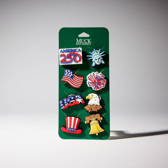 Set of patriotic tokens on a Muck branded card against a gray background