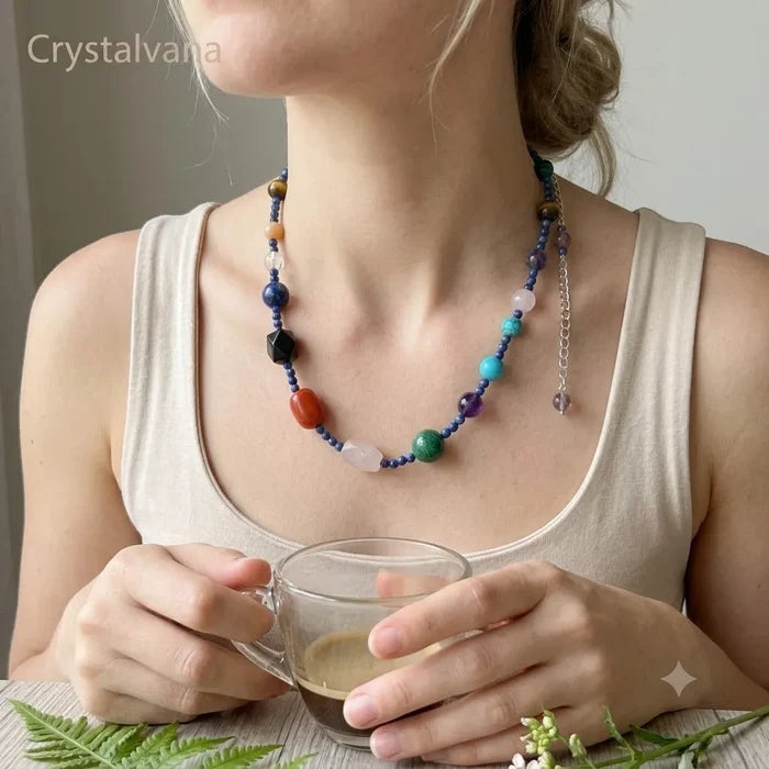 Multi-gemstone crystal choker worn by model with cafe outfit, daily styling inspiration, Crystalvana