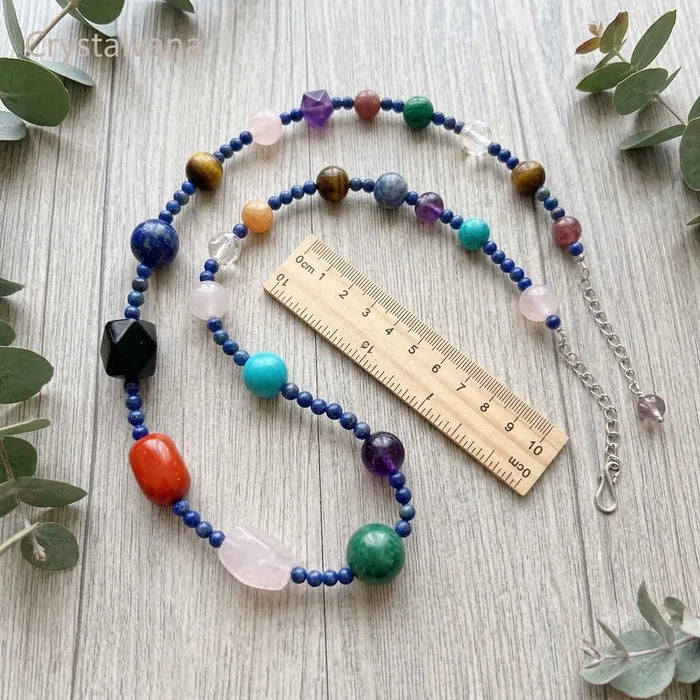 Multi-gemstone choker size measurement with ruler showing 16 inch adjustable length, Crystalvana