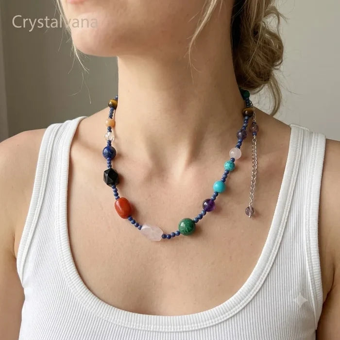 Multi-gemstone crystal necklace paired with white blouse, elegant and versatile styling, Crystalvana