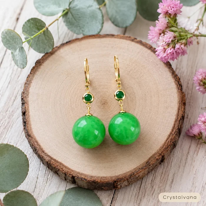 Natural A-grade jadeite yang green round bead earrings model wearing blonde smile ear closeup, Crystalvana