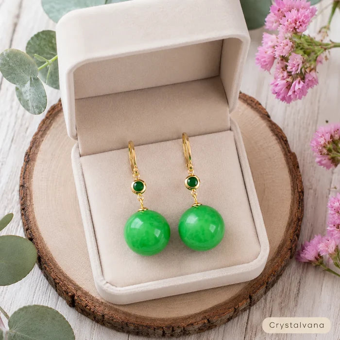 Natural A-grade jadeite yang green round bead earrings in beige gift box with eucalyptus, Crystalvana