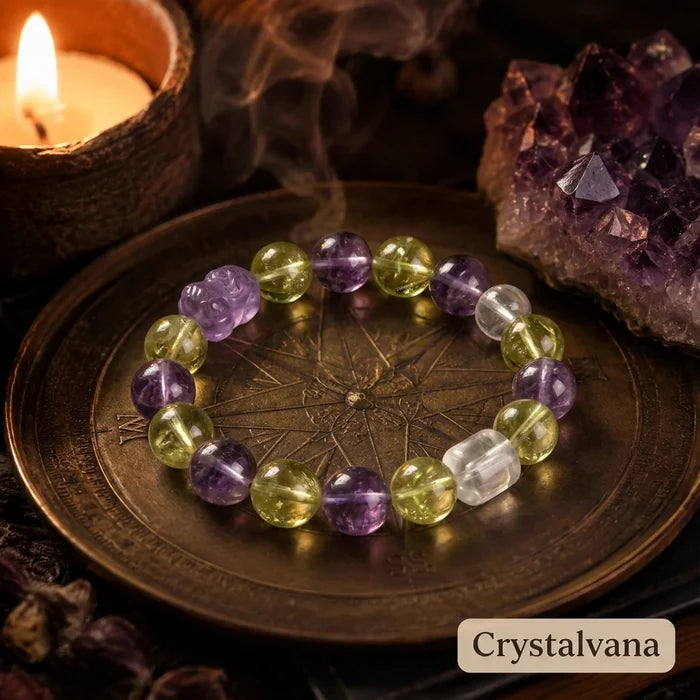 Natural Amethyst Citrine 12mm Bracelet | Calm, Joy & Abundance | Crystalvana