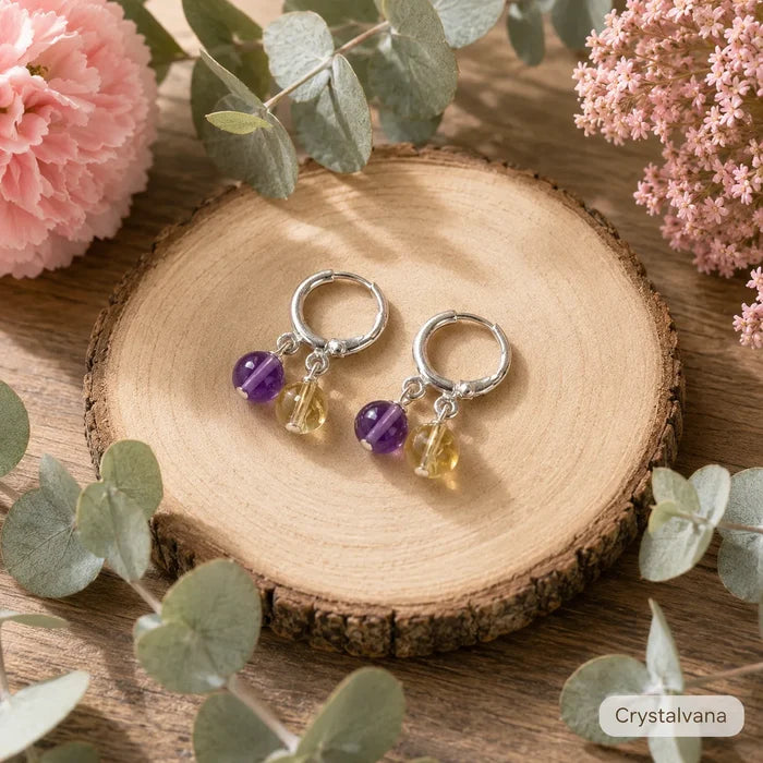 Natural amethyst and citrine S925 silver dangle earrings close-up on branch nature background, Crystalvana