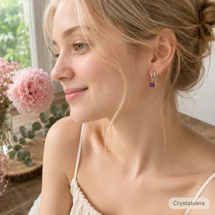 Natural amethyst and citrine earrings in beige gift box display ready for gifting, Crystalvana