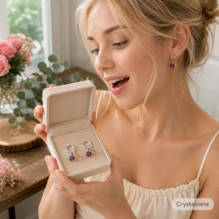 Model wearing natural amethyst and citrine S925 dangle earrings brunette smiling, Crystalvana