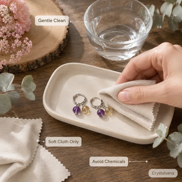 Amethyst and citrine earrings care instructions storage pouch soft cloth, Crystalvana