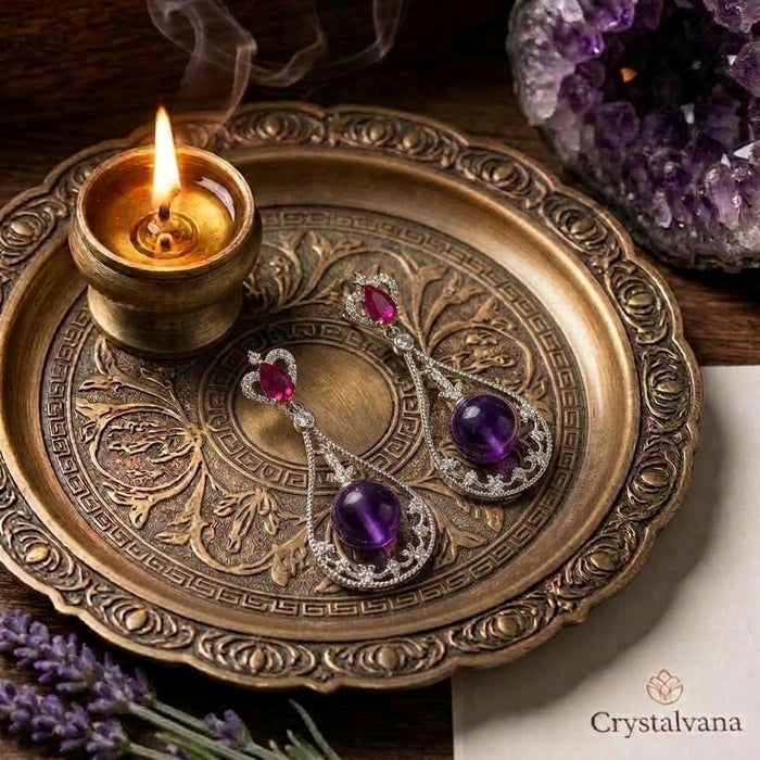 Handcrafted natural amethyst halo teardrop earrings in sterling silver - Crystalvana
